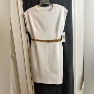 NWT Calvin Klein off White Midi Sheath scuba knee length Dress with Tan Belt 14